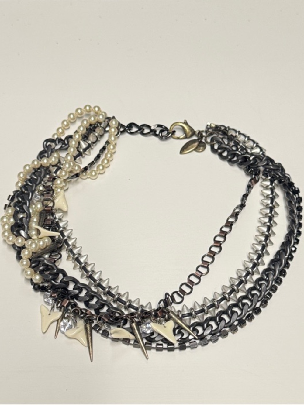 Layered Pearl & Chain Necklace with Spike Accents - Silver and Cream